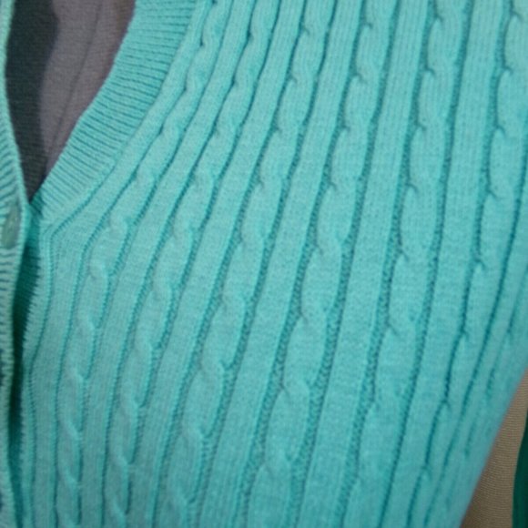 JEANNE PIERRE Cable knit Sweater Top S Mint Green Henley 1/2 button up Long slv - Picture 5 of 8